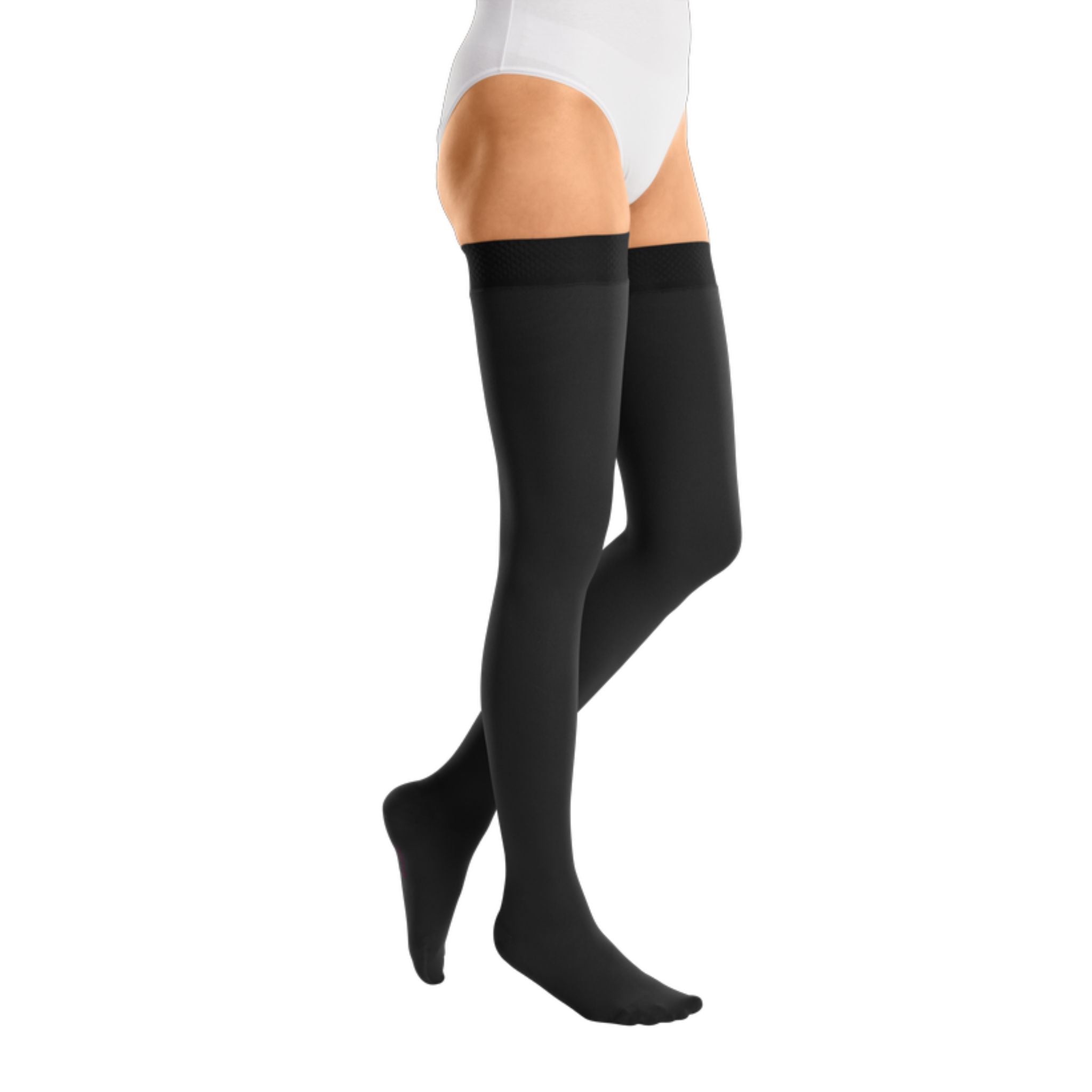 Compression Stockings | Thigh High | Silicone Topband Wide | Open Toe | Black | mediven cotton