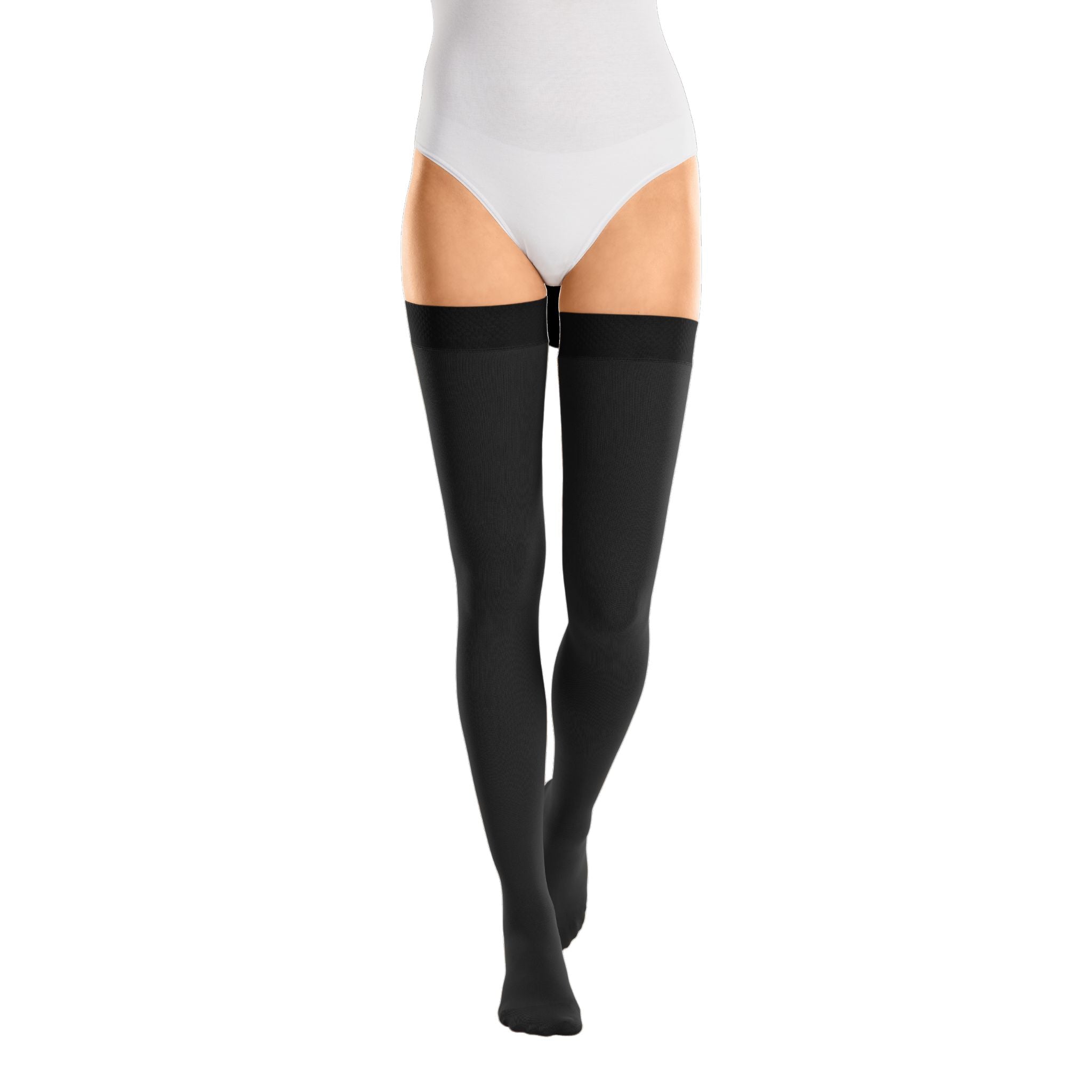 Compression Stockings | Thigh High | Silicone Topband Wide | Open Toe | Black | mediven cotton
