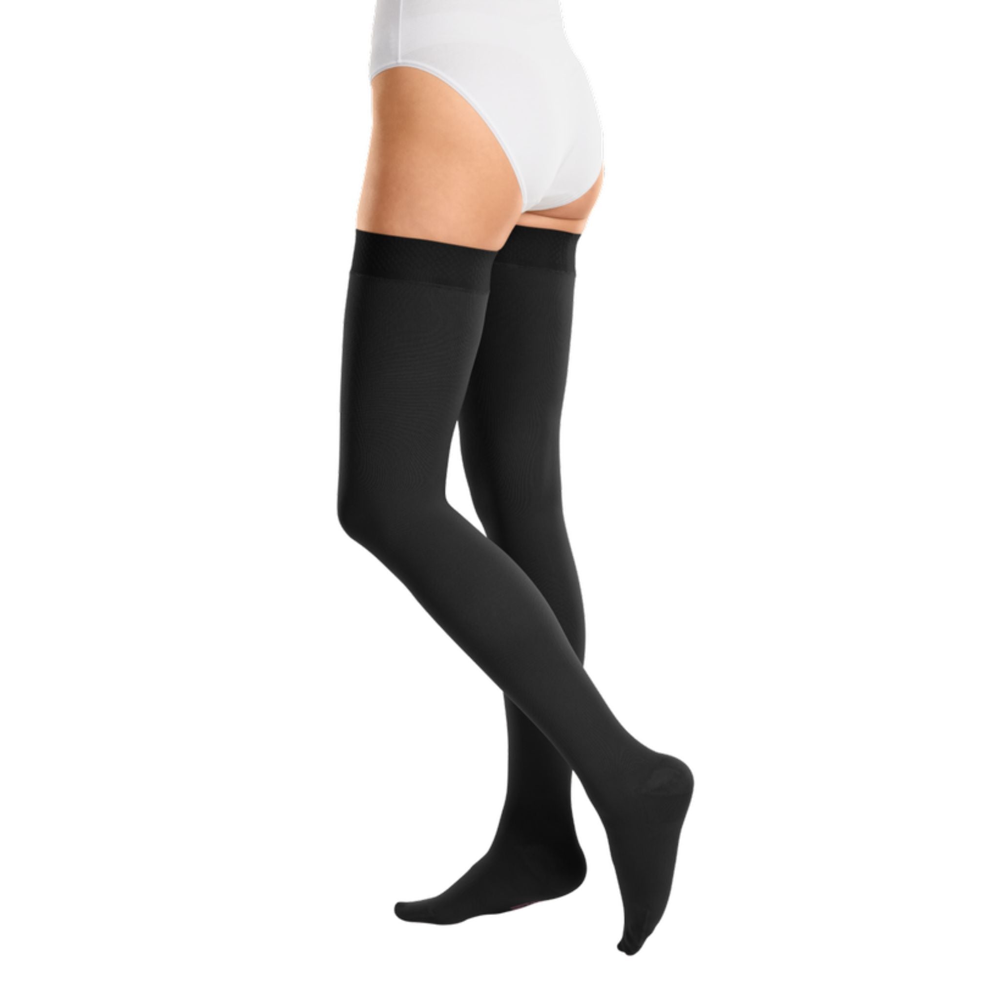 Compression Stockings | Thigh High | Silicone Topband Wide | Open Toe | Black | mediven cotton